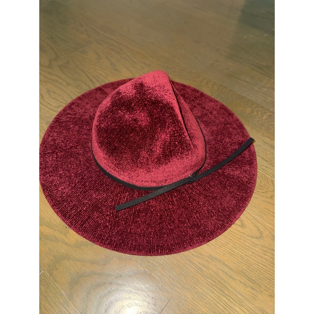 Burgundy Chenille Knit Wide Brim Floppy Sun Hat Wine Red with Black Ribbon Bow